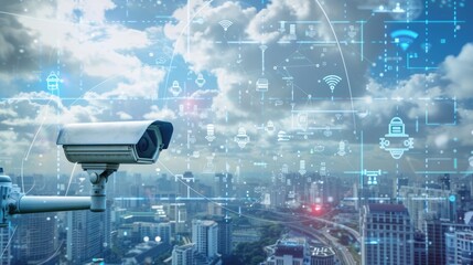 A video surveillance camera representing AI surveillance technologies. The concept of connecting to a high-tech fiber-optic security network. Traffic and city safety