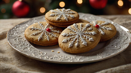 Delicious snowflake-shaped Christmas cookies on a plate.
