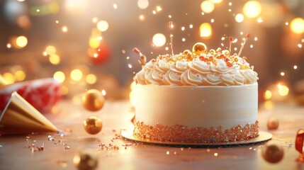 Sparkling New Year's Eve Celebration Cake with Festive Decorations. Generative AI