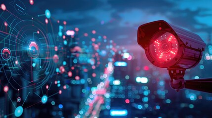 A video surveillance camera representing AI surveillance technologies. The concept of connecting to a high-tech fiber-optic security network. Traffic and city safety