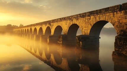 Fototapeta premium Sunrise over ancient stone arch bridge reflecting in calm misty water.
