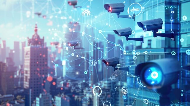 A video surveillance camera representing AI surveillance technologies. The concept of connecting to a high-tech fiber-optic security network. Traffic and city safety