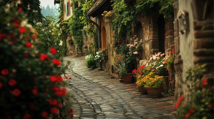 Fototapeta premium A winding brick walkway outside a rustic building, surrounded by vibrant flowers.