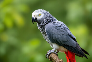 Obraz premium A gray parrot with a red tail perched on a branch against a blurred green background