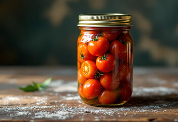 a glass jar filled with pickled tomatoes
