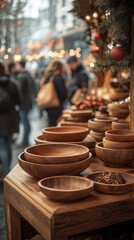 Wooden bowls displayed at holiday market.