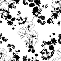 Seamless black and white floral pattern. Vector Illustration.