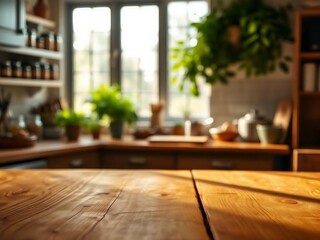 Green Empty wooden table with the bright white interior of the kitchen as a blurred background behind the bokeh golden Sunshine.