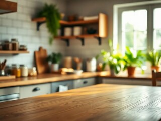 Fototapeta premium Green Empty wooden table with the bright white interior of the kitchen as a blurred background behind the bokeh golden Sunshine.