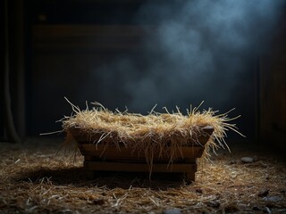 Empty wooden manger filled with straw in a dimly lit barn, surrounded by hay on the ground and illuminated by soft dramatic lighting