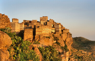 View at sunset at Al Hajarah, a village on Haraz mountain in south of capital city of Yemen, Sana&rsquo;a.