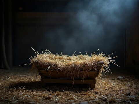 Empty wooden manger filled with straw in a dimly lit barn, surrounded by hay on the ground and illuminated by soft dramatic lighting