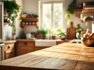 Green Empty wooden table with the bright white interior of the kitchen as a blurred background behind the bokeh golden Sunshine.