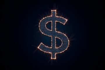 Glowing digital dollar symbol made of binary code, representing online payment, cryptocurrency, and the future of finance