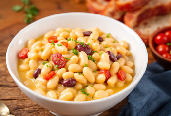 a white bowl filled with creamy baked beans