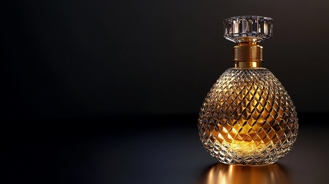 Stylish gold perfume bottle on sleek black background with a refined and classic look