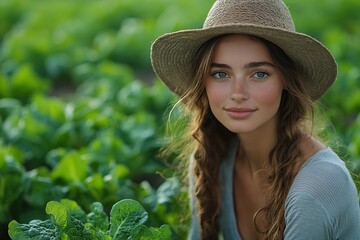 Female gardener in straw hat harvesting in field