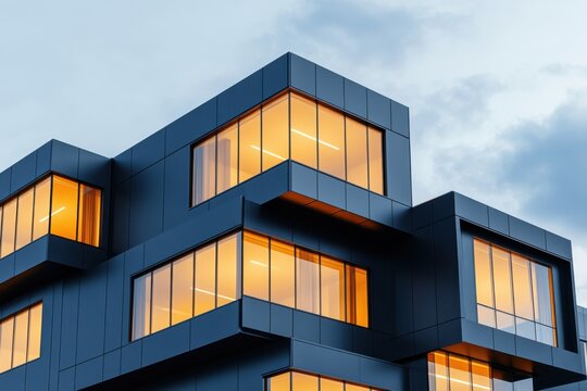 Futuristic black corporate headquarters showcasing geometric shapes and illuminated windows under a cloudy sky