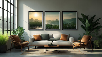Three Pictures Mockup Hanging on Wall in Modern Living Room