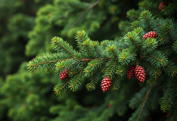 Green pine tree branches with red pine cones, dense evergreen forest background