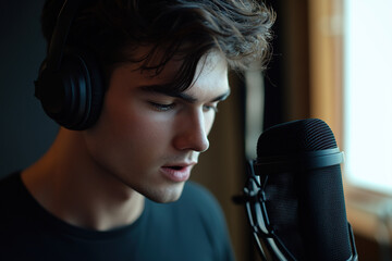 Young man singing in microphone and recording voice and new song