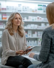 Friendly women discussing health in modern pharmacy setting