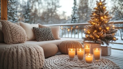 Cozy winter terrace with lit christmas tree and candles in a snowy setting