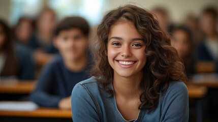 Fototapeta premium Happy student smiling in classroom setting with peers