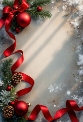 Old paper red ribbon and christmas baubles