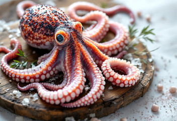 raw octopus on wooden board and white background