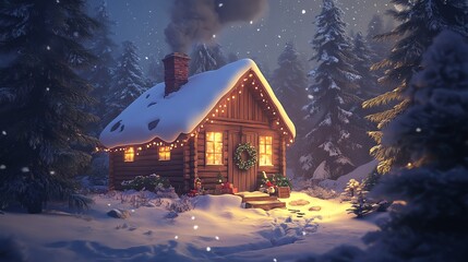 Fototapeta premium cartoon illustration 3d cozy cabin in the woods decorated for Christmas with snow falling