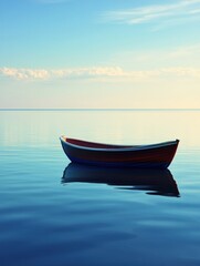 Naklejka premium A quiet boat rests on still water beneath a clear blue sky, inviting a sense of tranquility and blank space for additional content. Generative AI