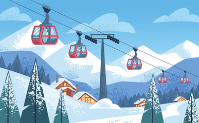 Ski cableway. Winter snowy mountain resort ropeway cable car in switzerland austria landscape, skiers track snowboard lift alps holiday outdoor scene, classy vector illustration © ssstocker
