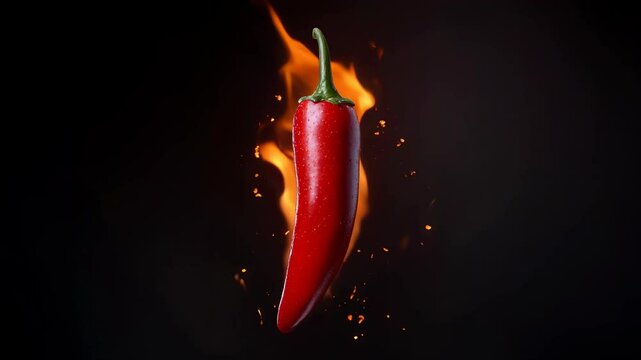 Fiery Red Chili Pepper Shot with Flames and Sparks