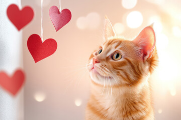 Cat and garland. postcard, ginger cat looks at garland of red paper hearts and lights on light background. Valentine's Day concept.