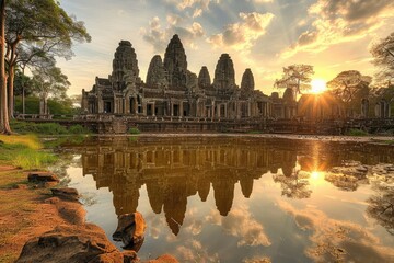 Obraz premium Sunset Silhouette: Bayon Temple, Cambodia's Ancient Architectural Marvel