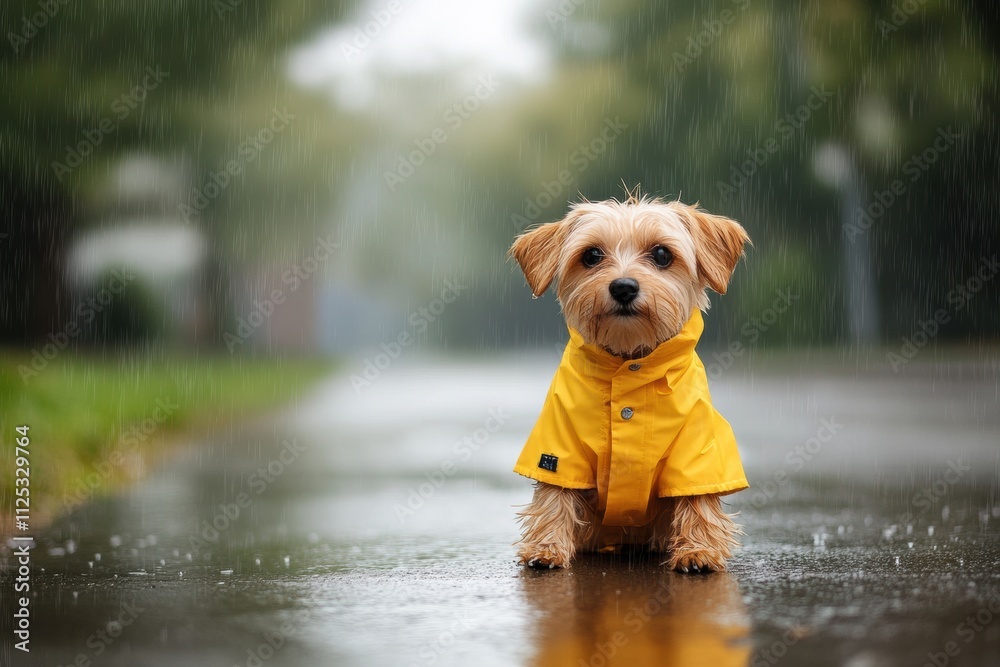 Aufkleber a small dog is sitting on a wet pavement wearing a yellow raincoat while light rain falls around. th