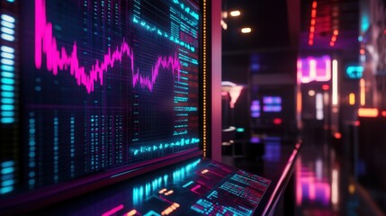 Obraz premium Neon Lit Stock Market Data Display Screen