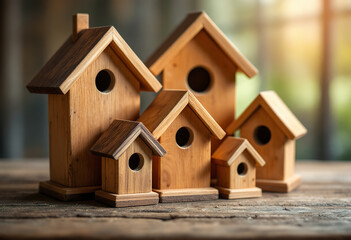 Wooden birdhouses of various sizes on a wooden surface, with a blurred background