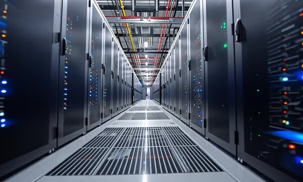 Server room corridor with rows of lit racks.