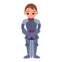 Cute hand drawn knight in armor. White background, isolate.
