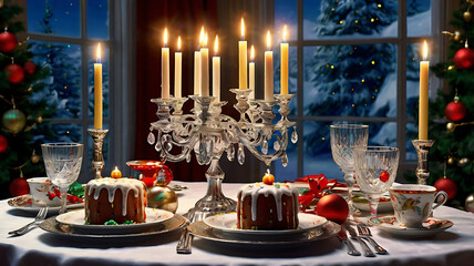 Festive Christmas dinner table setting with candles, desserts, and snowy winter scene view from window.