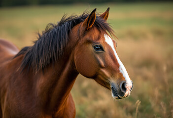 A brown horse with a white blaze on its face standing in a grassy field