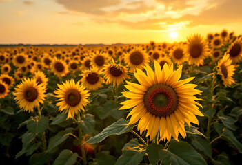 Obraz premium A field of sunflowers in full bloom under a warm, golden sunset sky