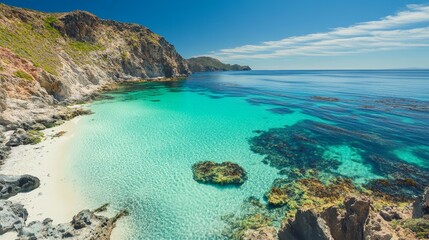 A serene coastal landscape with clear turquoise waters and rocky cliff under a bright blue sky.
