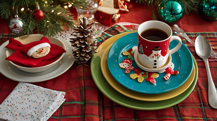 Fototapeta premium Festive Christmas table setting with coffee, cookies, and decorations.