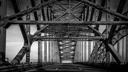 Great South Bay Bridge, aka the Captree Bridge, a twin-span bridge on the southwest side of Suffolk County, New York, on Long Island, a black and white colors