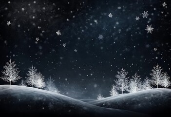Naklejka premium snowy landscape at night. Small trees on hills covered in snow, falling snowflakes.