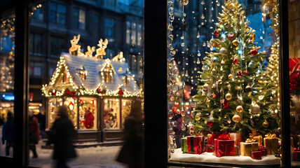 Fototapeta premium Festive Christmas window display with tree, gifts, and blurred city street scene.