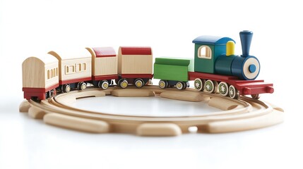 Colorful wooden toy train on circular track.